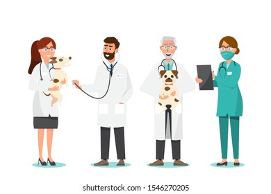 Veterinarian and doctor with dog on white background. Vector illustration flat cartoon character