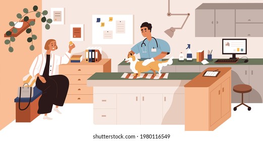 Veterinarian Doctor, Dog And Pet Owner At Health Checkup In Vet Clinic. Physician Examining Puppy In Animal Hospital. Examination In Modern Veterinary Medical Center. Colored Flat Vector Illustration.