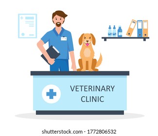 Veterinarian doctor with dog in vet clinic. Medicine and vet care concept. Vector illustration.