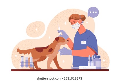 Médico veterinario con perro. Mujer en uniforme médico da la inyección al cachorro. Salud y medicina. Diagnóstico y tratamiento. Ilustración vectorial plana aislada sobre fondo blanco