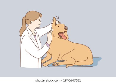 Veterinarian Doctor During Work Concept. Young Kind Smiling Woman Veterinarian In White Uniform Working At Office Examining Ears Dog Vector Illustration 