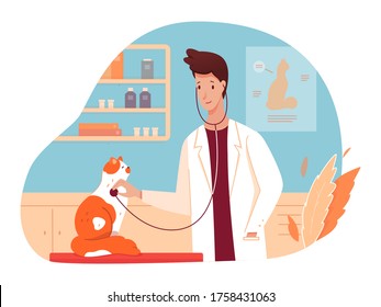 Veterinarian Doctor Exam Cat At Vet Clinic Room. Specialist With Stethoscope Listen To Kitten Heart Beat, Patient Lung. Examination Room Interior At Veterinary Clinic. Medicine For Domestic Animal