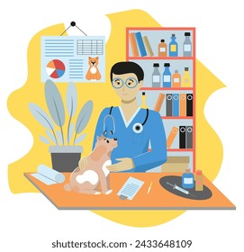 Veterinarian doctor examing and treating dog. Veterinary clinic, healthcare service, medical center for domectis animals, pet care and health concept for banner, website. Flat vector illustration