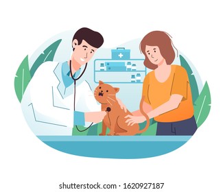 Veterinarian Doctor Examining A Cat With Stethoscope In Veterinary Clinic. Pet Health Care And Medical Concept