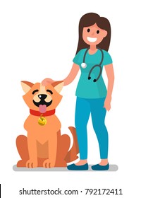 Veterinarian doctor examining dog. Happy veterinarian doctor and animal. Vector