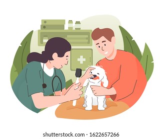 Veterinarian Doctor Examining A Dog At Vet Clinic. Pet Health Care And Medical Concept