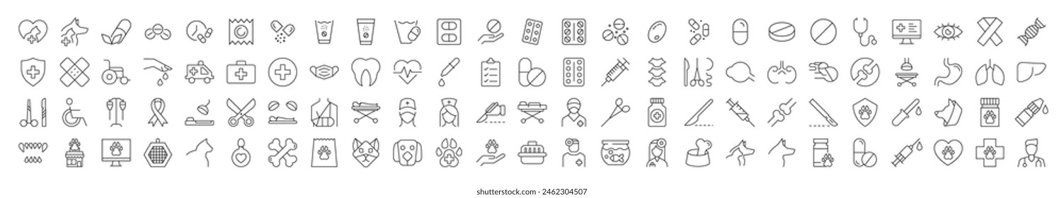 Veterinarian, Doctor, Healthcare Line Icon Set. Outline Illustrations for web sites, apps, design, banners and other purposes