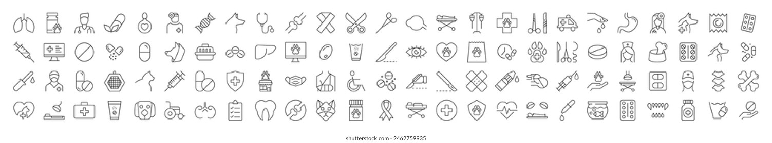 Veterinarian, Doctor, Healthcare Minimalistic Outline Signs. Linear Illustrations for web sites, apps, design, banners and other purposes