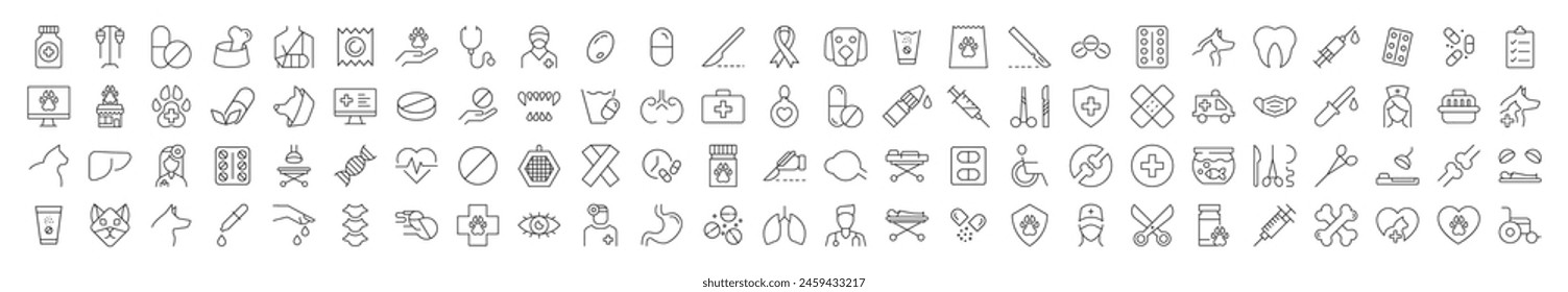 Veterinarian, Doctor, Healthcare Outline Linear Icons of Thin Line. Illustrations for web sites, apps, design, banners and other purposes