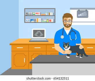 Veterinarian doctor holds cat on examination table in vet clinic. Vector cartoon illustration. Pets health care background. Domestic animals treatment concept. Veterinary professional consultation