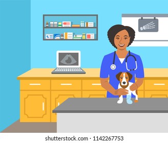 Veterinarian doctor holds dog on examination table in vet clinic. Vector cartoon illustration. Pets health care background. Domestic animals treatment concept. Veterinary professional consultation