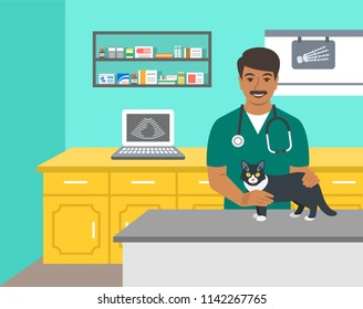 Veterinarian doctor holds dog on examination table in vet clinic. Vector cartoon illustration. Pets health care background. Domestic animals treatment concept. Veterinary professional consultation