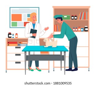 Veterinarian doctor holds rabbit on examination table. Pets health care in vet clinic. Domestic animals treatment concept. Veterinary professional consultation. Owner of hare holds its ears