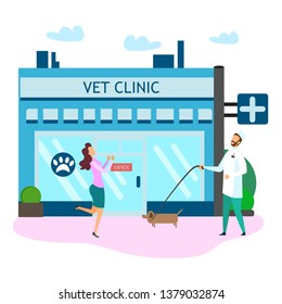 Veterinarian Doctor Uniform With Dog Happy Owner Outside Vet Clinic Vector Illustration. Veterinary Medicine Building Facade Exterior. Professional Domestic Animal Pet Treatment Health Care