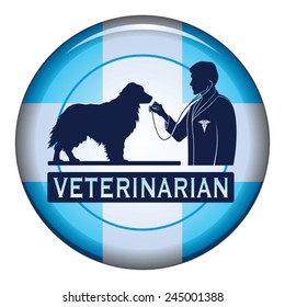 Veterinarian With Dog Button is an illustration of a design for a vet or veterinarian on a button. Includes images of a dog, a veterinarian with stethoscope and a veterinarian symbol.