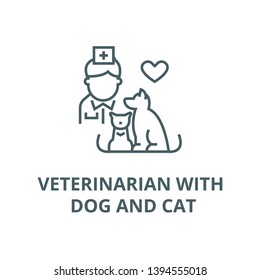 Veterinarian with dog and cat vector line icon, linear concept, outline sign, symbol