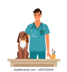 Veterinarian and dog in the clinic conceptual illustration in flat style isolated on white background. Vector file.
