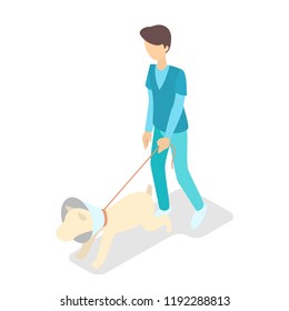 Veterinarian and a dog with cone on the neck. Doctor character in clinic holding leash. Animal healthcare. Isolated vector isometric illustration