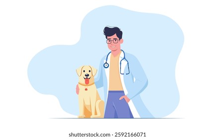 Veterinarian with dog. Doctor veterinarian with stethoscope and dog. World Veterinary Day. Isolated vector illustration in flat style for flyer, banner, landing page, blog of veterinary clinic, hospit