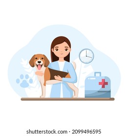 A veterinarian with a dog. Flat design.
