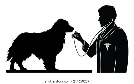 Veterinarian With Dog is an illustration of a design for a vet or veterinarian. Includes images of a dog, a veterinarian with stethoscope and a veterinarian symbol