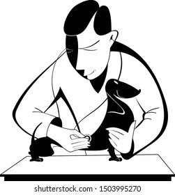 Veterinarian and dog illustration. Veterinarian man is examining a dog by endoscope black on white
