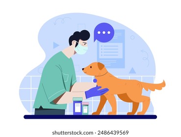 Veterinarian with dog. Man in uniform and mask diagnoses pet. Health care and medicine, treatment of domestic animals. Vet clinic. Cartoon vector illustration isolated on white background