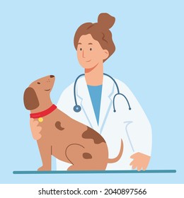 Veterinarian and dog at pet clinic. Services of veterinary clinic. Examing of pet.