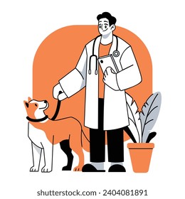 Veterinaria con la ilustración de perro Vector en estilo de caricatura de línea plana