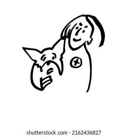A veterinarian with a dog. A woman with a dog. A hand-drawn character. Vector doodle illustration.