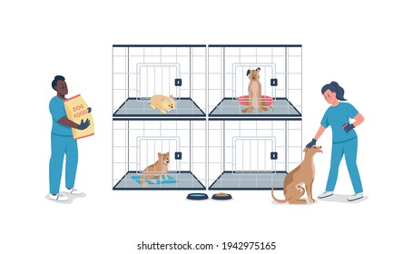 Veterinarian with dogs in cages flat color vector detailed characters. Man and woman feed puppies. Pet care organization isolated cartoon illustration for web graphic design and animation