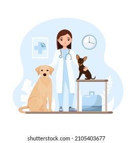 Un veterinario con perros. Diseño plano.