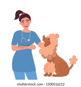 Veterinarian examines the dog in the veterinary clinic. The concept of medicine and pet care. Vector illustration of a person's profession