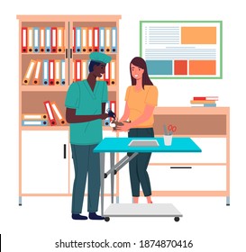 The veterinarian examines the ears of the guinea pig. The owner holds the pet during treatment. Pets health care in vet clinic. Domestic animals treatment concept. Veterinary professional consultation