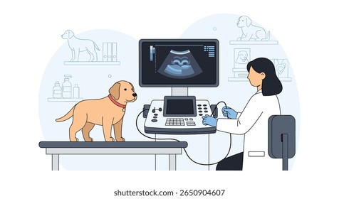 Veterinário examina os órgãos internos do filhote usando tecnologia avançada de ultrassom para um diagnóstico preciso