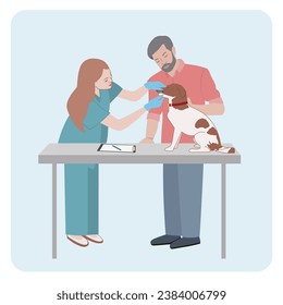 A veterinarian examines the teeth of a Jack Russell Terrier standing on the examination table. The pet owner supports their furry friend, showing attentive care for the health of domestic animals