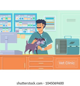 Veterinarian examining a dog in animal hospital.Veterinary doctor pet checkup with stethoscope.