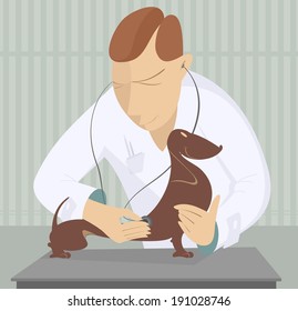 Veterinarian is examining a dog by phonendoscope