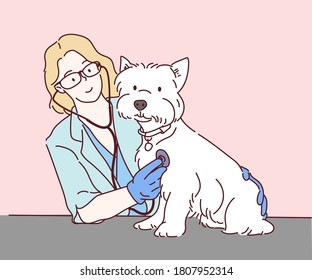 The veterinarian is examining the dog in the clinic. Animal clinic concept. Hand drawn in thin line style, vector illustrations.