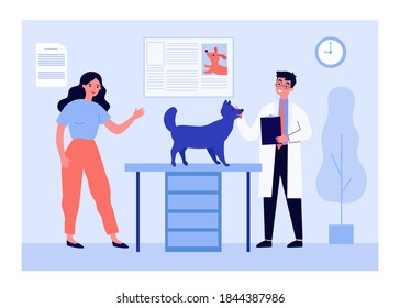 Veterinarian examining dog in front of owner. Animal, doctor, visit flat vector illustration. Veterinary and pet concept for banner, website design or landing web page