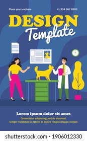 Veterinarian examining dog in front of owner. Animal, doctor, visit flat vector illustration. Veterinary and pet concept for banner, website design or landing web page