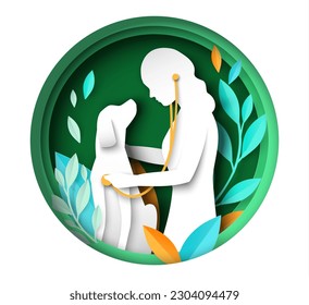 Veterinarian examining dog paper cut silhouette in round creative natural frame vector illustration. Veterinary clinic and healthcare service or domestic animals concept