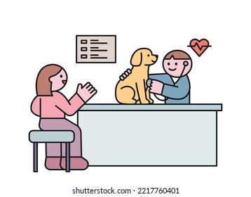 A veterinarian is examining a dog with a stethoscope. The owner of the dog is talking. flat vector illustration.