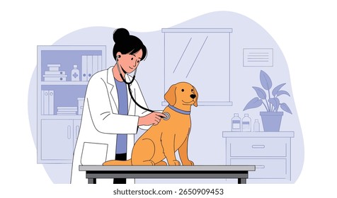 Veterinarian examining golden retriever dog with stethoscope on exam table in clinic
