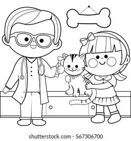 Veterinarian examining a little girl's pet cat. Vector black and white coloring page.