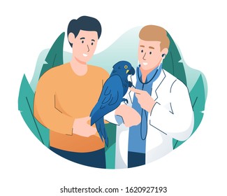 Veterinarian Examining A Parrot With Stethoscope. Pet Health Care And Medical Concept