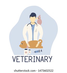 Veterinarian examining a  puppy with a stethoscope and making injections. Veterinary clinic or hospital banner with male doctor.