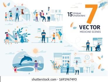 Veterinarian, Family Doctor, Pediatrician, Physical Therapist, Medical Practitioner Work Scene, Daily Situations Set. Veterinary Medicine, Healthcare Services Concepts Trendy Flat Vector Illustrations