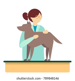 Veterinarian female character. Woman vet holds a dog. Pet clinic concept vector illustration in simple and clean flat style.