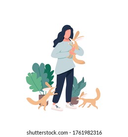 Veterinarian flat color vector faceless character. Domesticated carnivore animal cubs. Woman with fennec foxes. Exotic pets isolated cartoon illustration for web graphic design and animation
